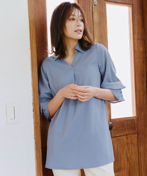 Tiaclasse   【洗える】バックシャーリングスキッパーチュニックブラウス ブルー