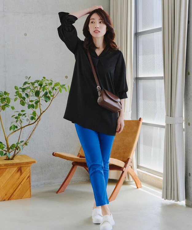 Tiaclasse   【洗える】バックシャーリングスキッパーチュニックブラウス ブラック