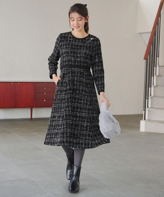 Tiaclasse 【安田美沙子さん着用・洗える】配色ツイードワンピース ブラック