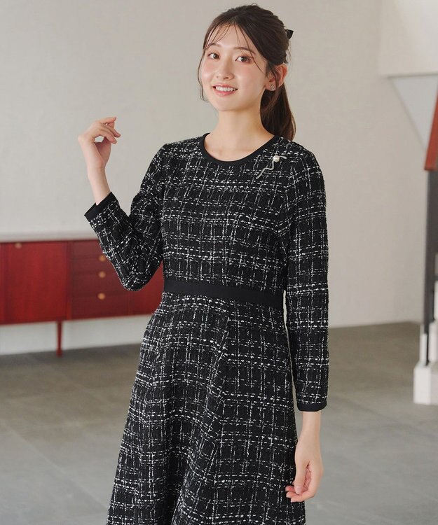Tiaclasse 【安田美沙子さん着用・洗える】配色ツイードワンピース ブラック