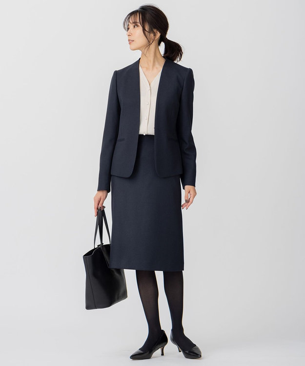 23区 L 【洗える】ウールライクカルゼ ノーカラー ジャケット ネイビー系