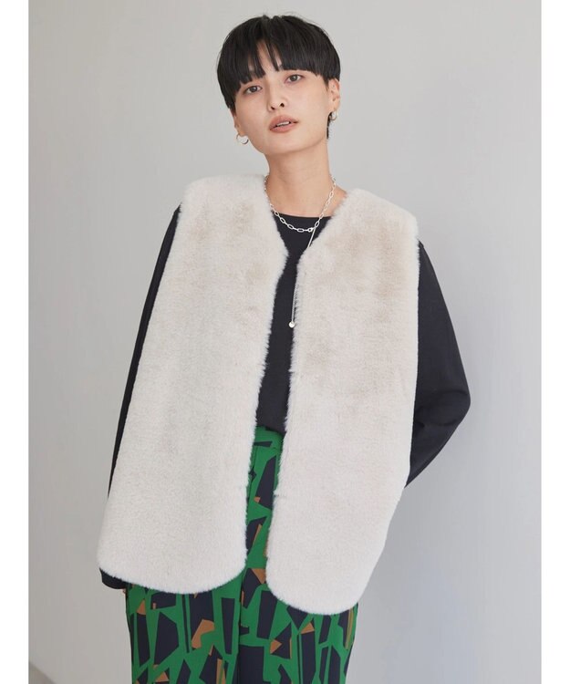 AMERICAN HOLIC 丈違いフェイクファーベスト Gray Beige