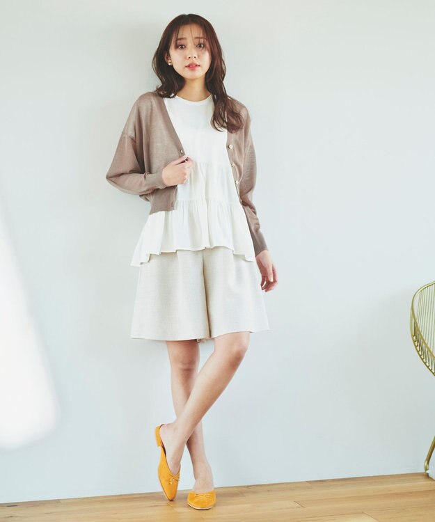 Feroux 【洗える】Vネックシアー カーデ キャメル系