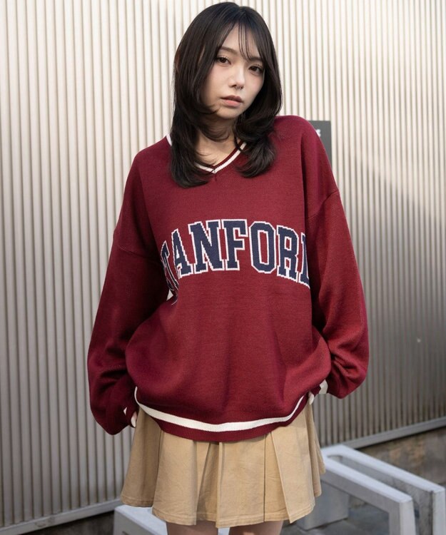 WEGO VネックグラフィックニットBIGプルオーバー ワイン