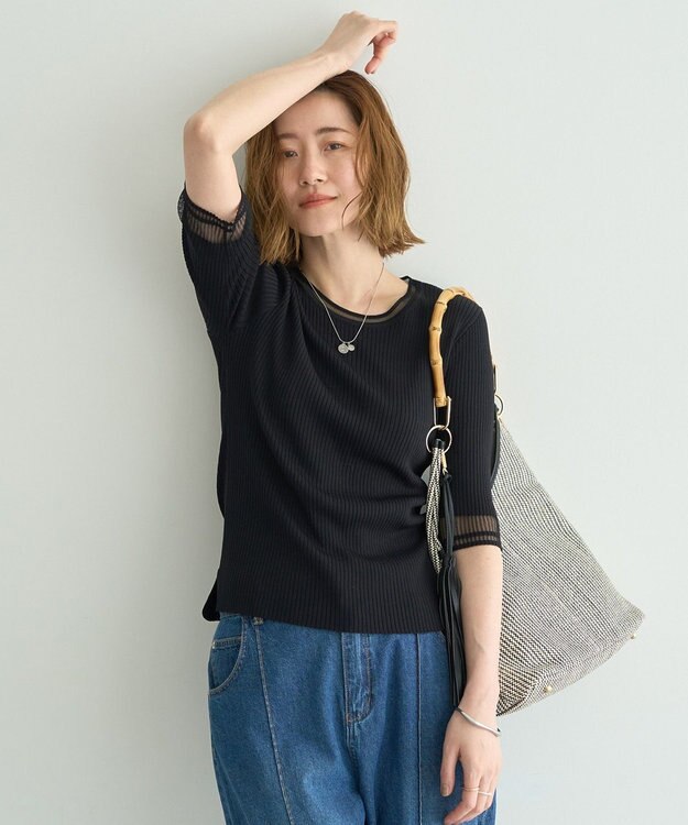 YECCA VECCA シアーMIX5分袖ニット Black