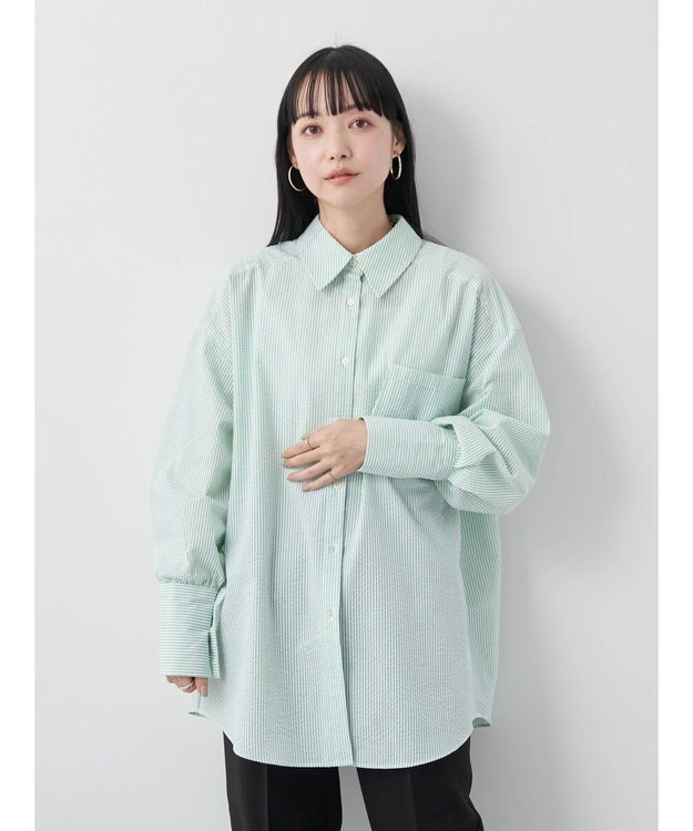 earth music&ecology サッカーストライプボーイズライクシャツ Green