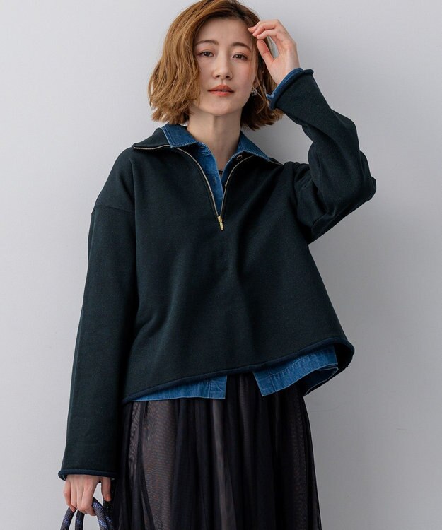 23区 【先行予約】シャイニーコットンテリー ハーフジップ スウェット ネイビー系