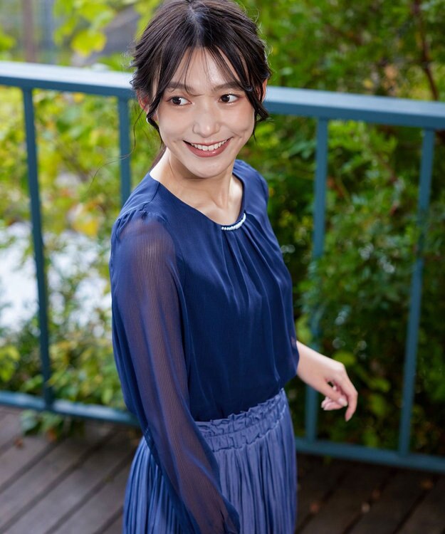 Tiaclasse L 【洗える】ドビーシフォンパールブラウス ネイビー