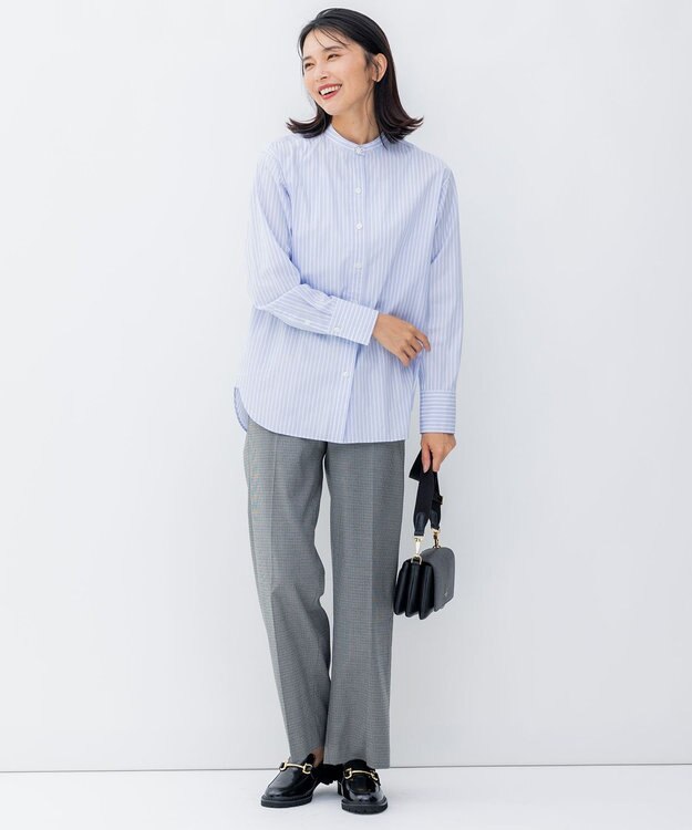 23区 L 【洗える】CANCLINI バンドカラー シャツ サックスブルーストライプ