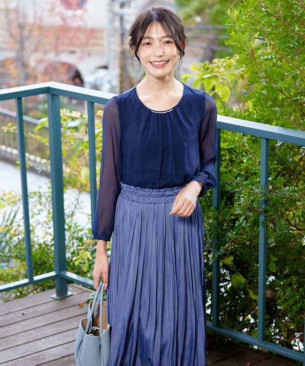 Tiaclasse L 【洗える】ドビーシフォンパールブラウス ネイビー