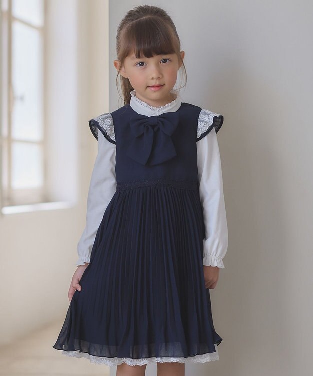 ANY KIDS シフォン プリーツ ワンピース ネイビー