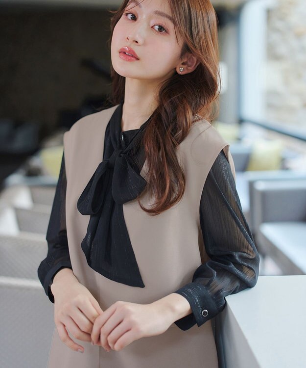 Tiaclasse 【ブラウス&ベスト&パンツ3点セット】リボンタイブラウス＋ベスト付き 3点セットアップ グレージュ