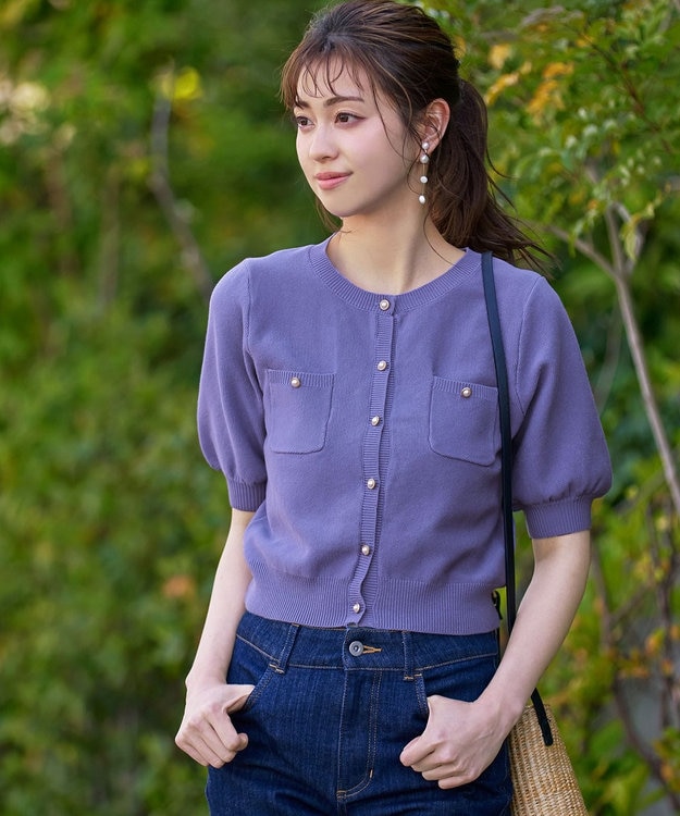 Tiaclasse 【洗える】鹿の子柄ニットショートカーディガン パープル
