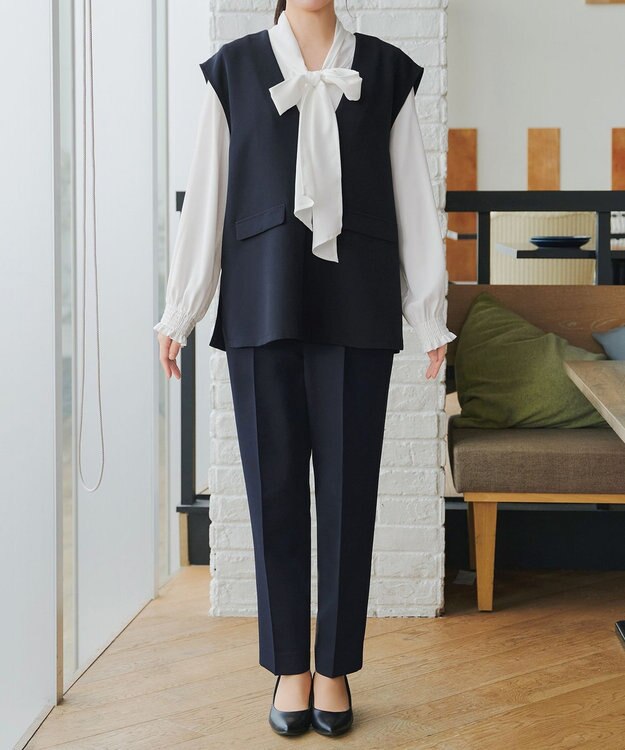Tiaclasse 【ブラウス&ベスト&パンツ3点セット】リボンタイブラウス＋ベスト付き 3点セットアップ ネイビー
