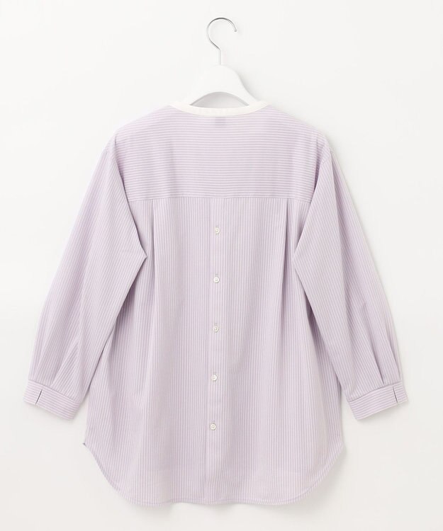 J.PRESS LADIES L ピンストライプジャージー バンドカラー スキッパー カットソー ふじ色系1