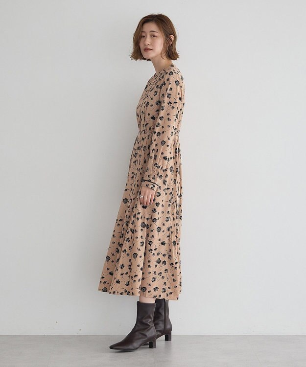 YECCA VECCA フラワー柄プリーツMIXワンピース Beige