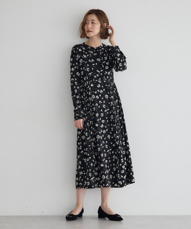 YECCA VECCA フラワー柄プリーツMIXワンピース Black