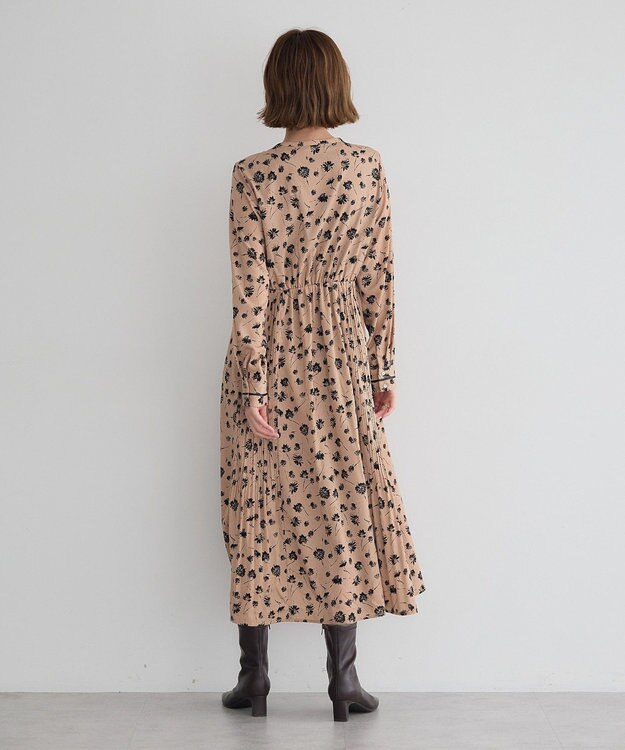 YECCA VECCA フラワー柄プリーツMIXワンピース Beige