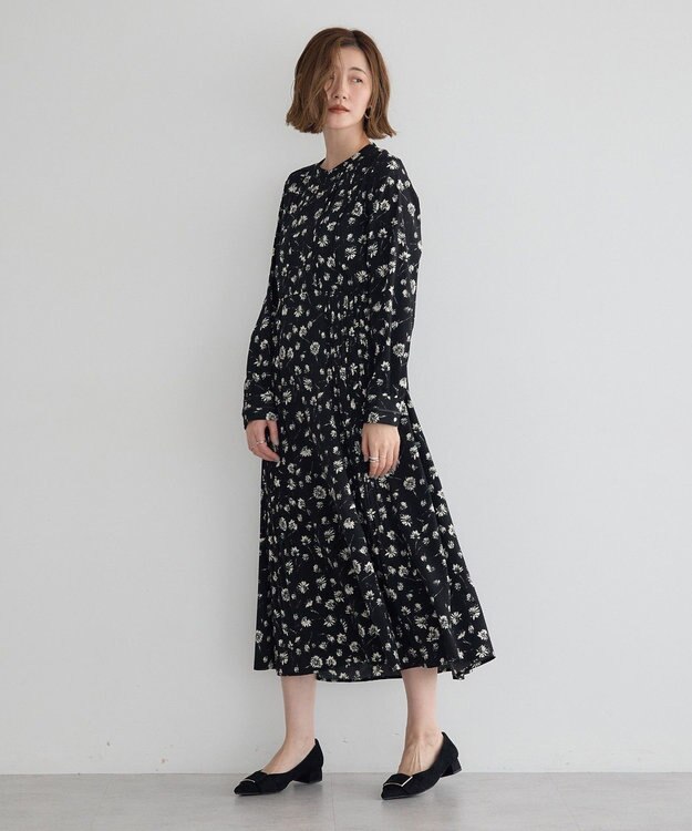 YECCA VECCA フラワー柄プリーツMIXワンピース Black