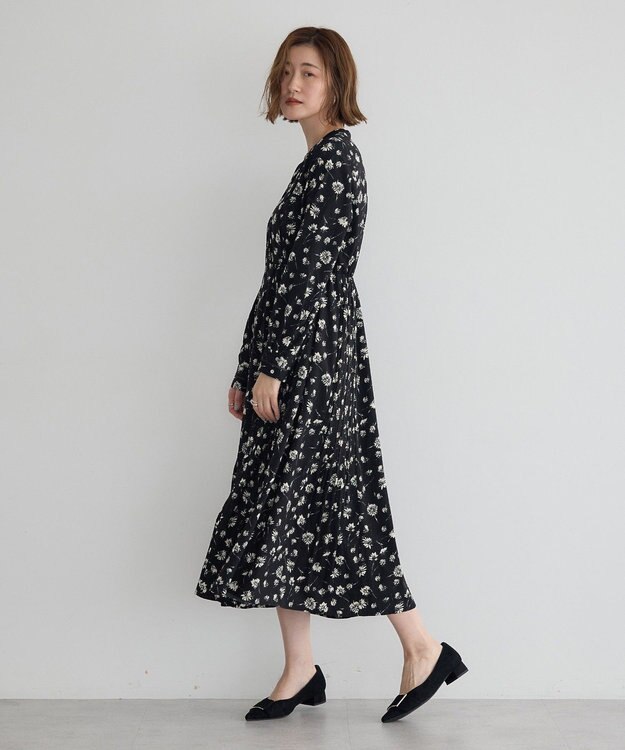 YECCA VECCA フラワー柄プリーツMIXワンピース Black