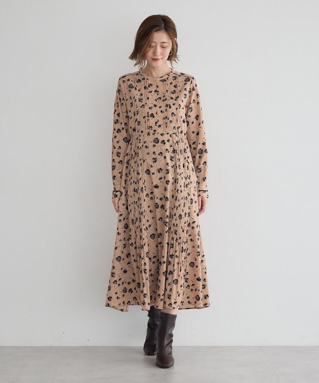 YECCA VECCA フラワー柄プリーツMIXワンピース Beige