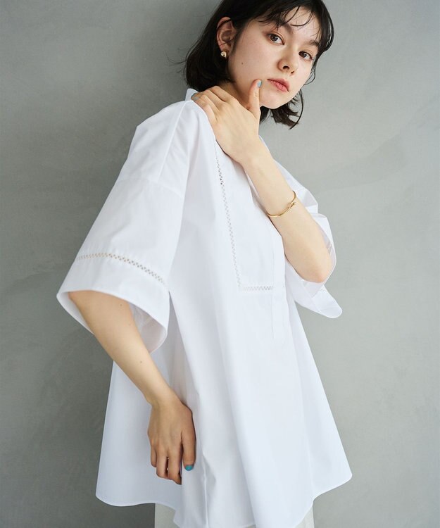 #Newans 【洗える/セットアップ可能】ハシゴレースビブデザインシャツ ホワイト