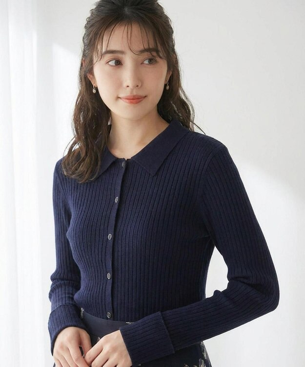 ANY SIS CICA加工 襟デザイン ニット ネイビー