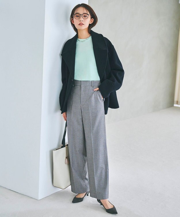 23区 L ウールミルドストレッチチェック ワイドパンツ キャメルチェック