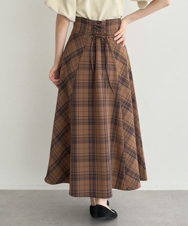 earth music&ecology バックレースアップチェックスカート Camel