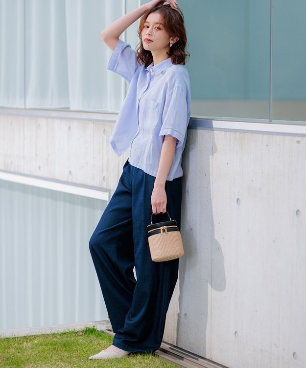 23区 【洗える】デニムライクシャンブレー ワイドパンツ ネイビー系