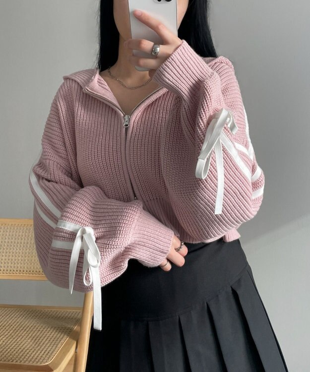 WEGO ラインリボンダブルジップニットパーカー ピンク