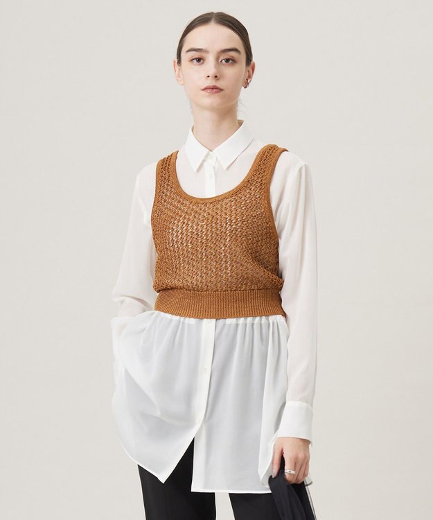 ICB L 【洗える】 シャインポリエステルクロッシェ ニットベスト ラセットブラウン系