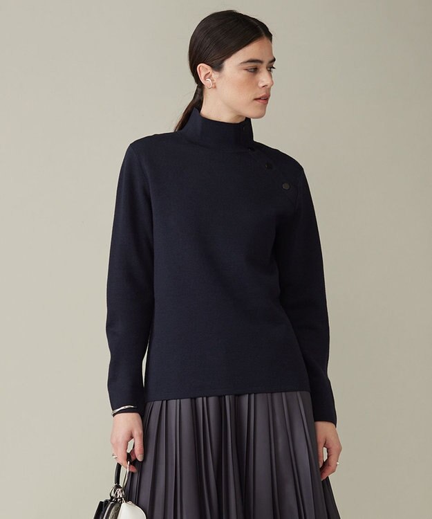 ICB L 【洗える】ウールブレンドスムース ハイネックプルオーバー ネイビー系