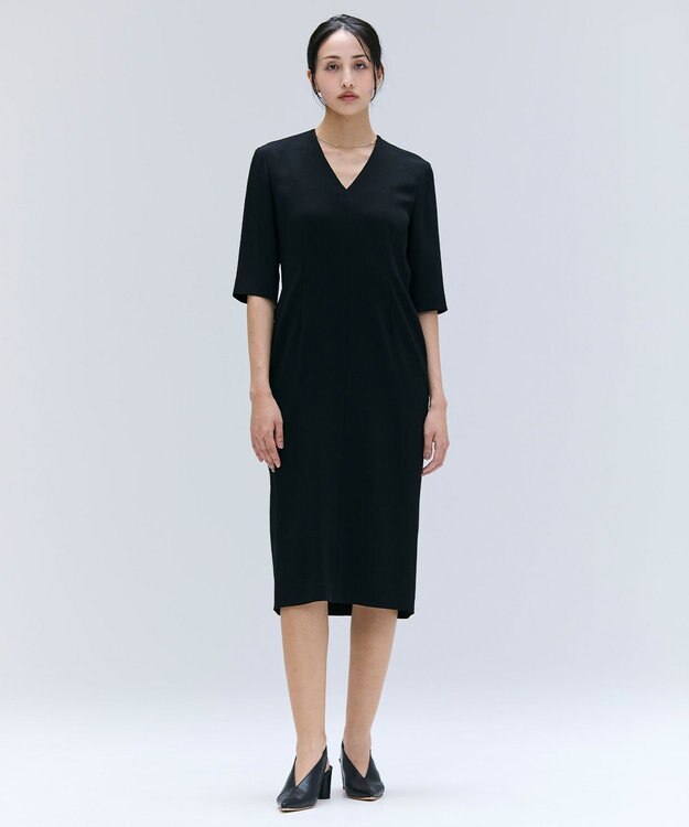 BEIGE， 【洗える・L-size】CINDY / Vネックハーフスリーブワンピース Black x Black