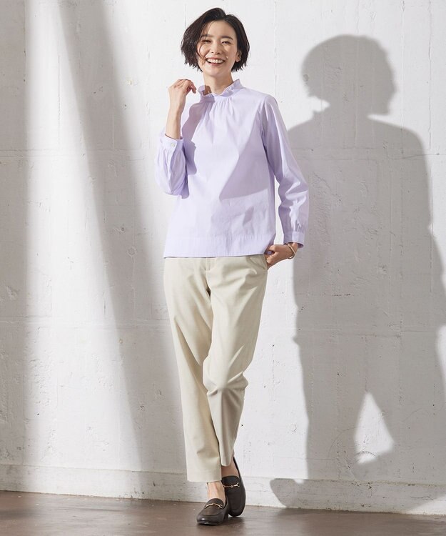 J.PRESS LADIES 【洗える】BEZ VEGA ストライプ フリルネック ブラウス ふじ色系1