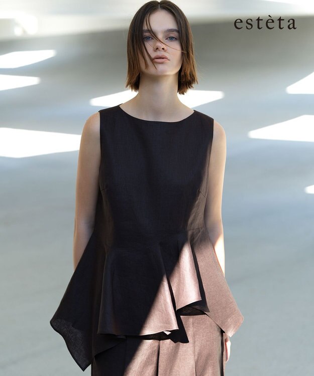 23区 【エステータ】チンツリネン ペプラム ブラウス ダークブラウン系