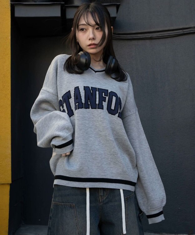 WEGO VネックグラフィックニットBIGプルオーバー 杢グレー