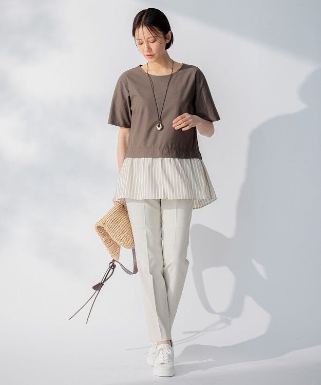 自由区 【洗える】コンビネーションシャーティング ペプラムデザイン カットソー ブラウン系1