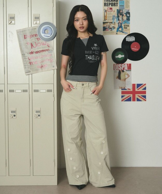 WEGO ストライプレイヤードクロップドT ブラック