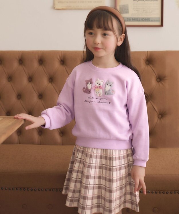 ANY KIDS 【らくっトレーナー】アニマル 裏毛 サガラ刺しゅう トレーナー ラベンダー（ネコ）