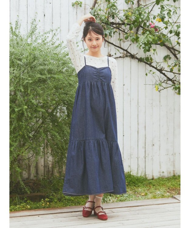 earth music&ecology デニムバックレースアップワンピース Indigo