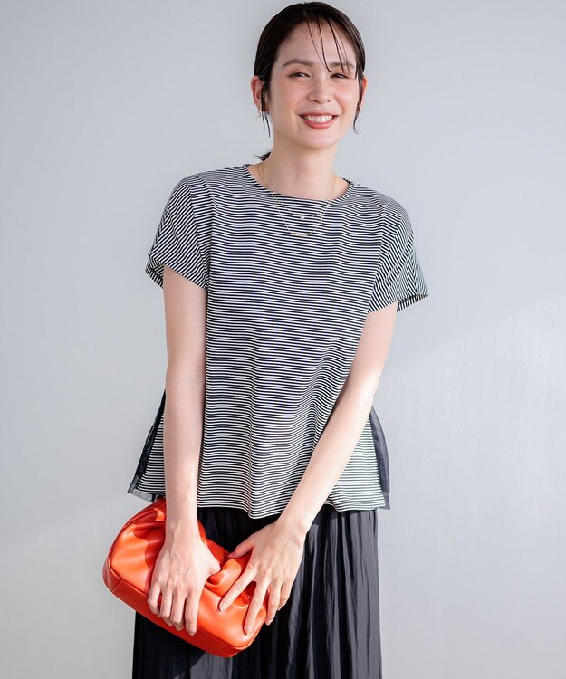 組曲 【先行予約】GIZAコットンチュールコンビ カットソー ネイビー×オフ系2