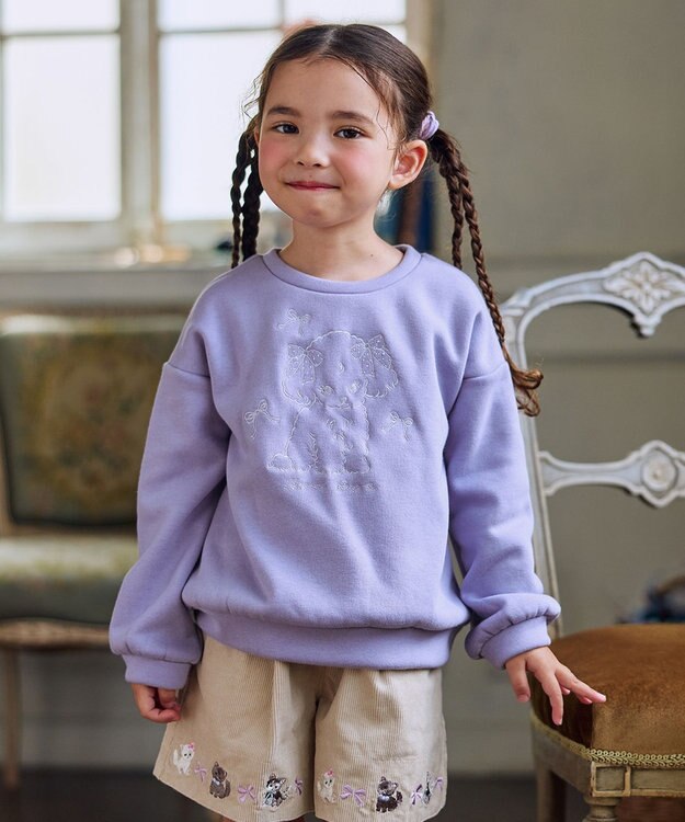 ANY KIDS アニマル刺繍 裏シャギー トレーナー ラベンダー×イヌ