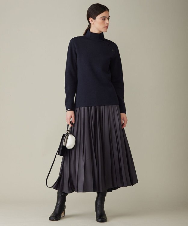 ICB L 【洗える】ウールブレンドスムース ハイネックプルオーバー ネイビー系