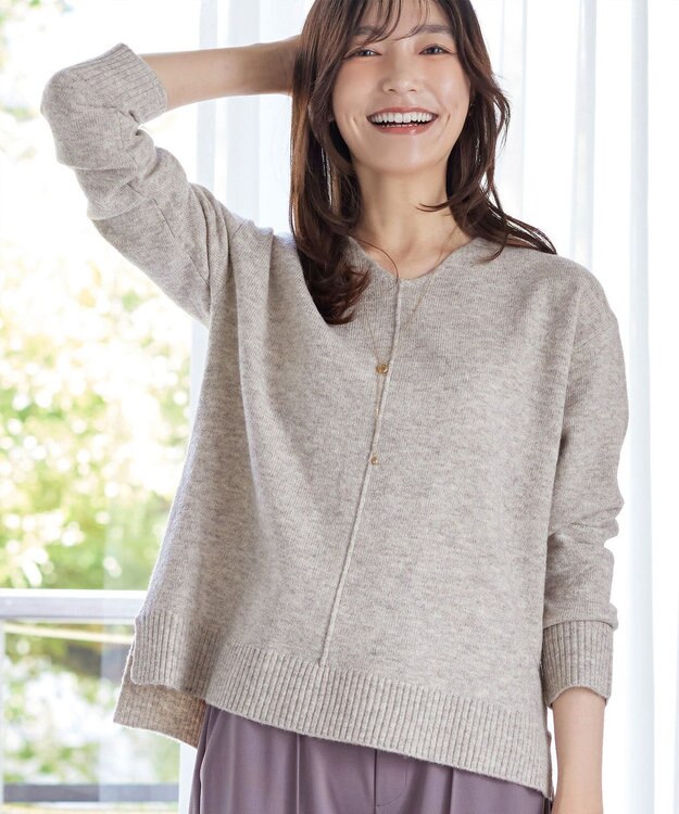 Tiaclasse 【安田美沙子さん着用・洗える】メランジVネックニットプルオーバー グレージュ