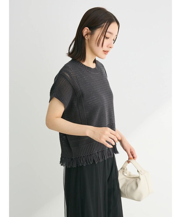 Green Parks 裾フリンジメッシュニットプルオーバー Black