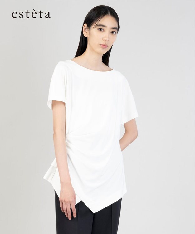 23区 L 【エステータ】トリアセストレッチクロス タック ブラウス ホワイト系