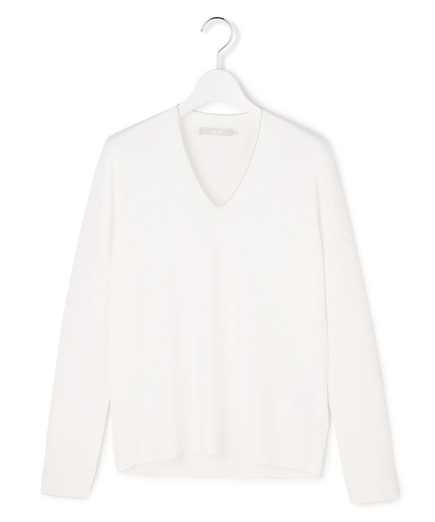 ICB L シンセティックフルニードル Vネックニット オフホワイト×トープライン