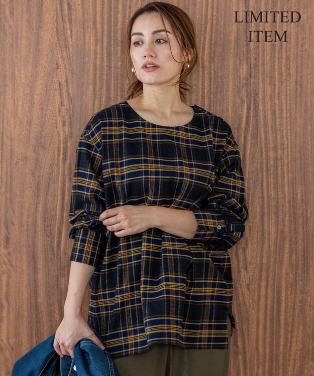 23区 L 【Lサイズ限定】ブラッシュド ビエラチェック ノーカラーブラウス ネイビー系