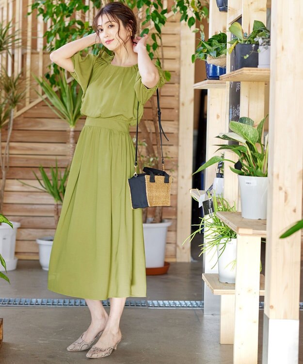 Tiaclasse 【洗える】麻調ギャザーワンピース グリーン